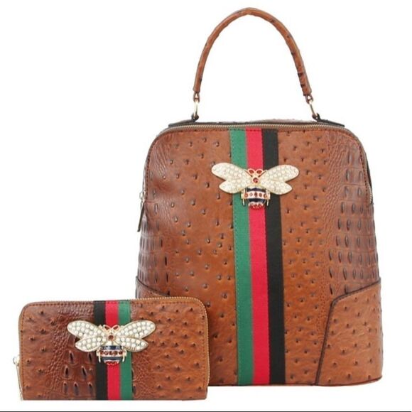 2N1 Queen Bee Stripe Ostrich Croc Backpack - Brown main image 3
